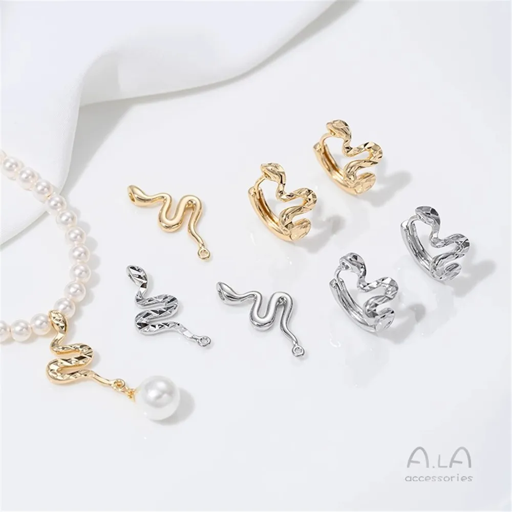 14K Gold-plated Flash Cut Snake Pendant Zodiac Snake Ear Buckle DIY Handmade Earrings Necklace Jewelry Accessories