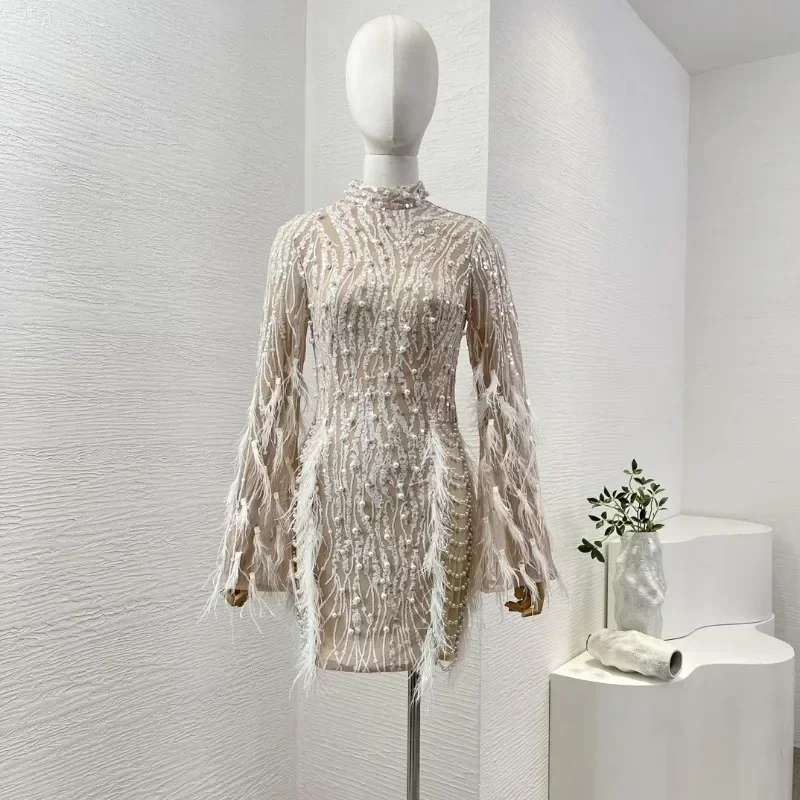 2024 New Summer Women Beige Elengant Long Sleeve White Feather Sequin Beaded Stand Collar Mini Dress