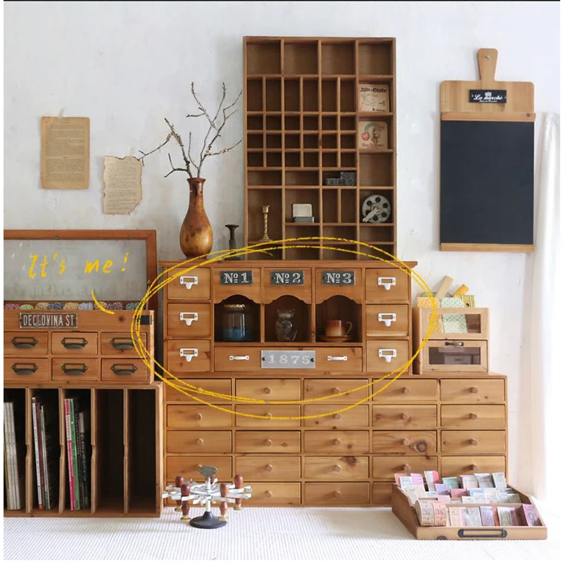 Natural Fir Solid Wood Floating Wall Cabinet Mini Chest 10 Drawers Coffee Station Storage Home Decoration