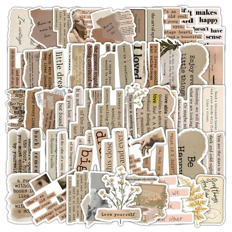 53Pcs Retro Inspirational English Quote Stickers For Journal Decoration DIY Journal Collage Beautiful Newspaper Stickers