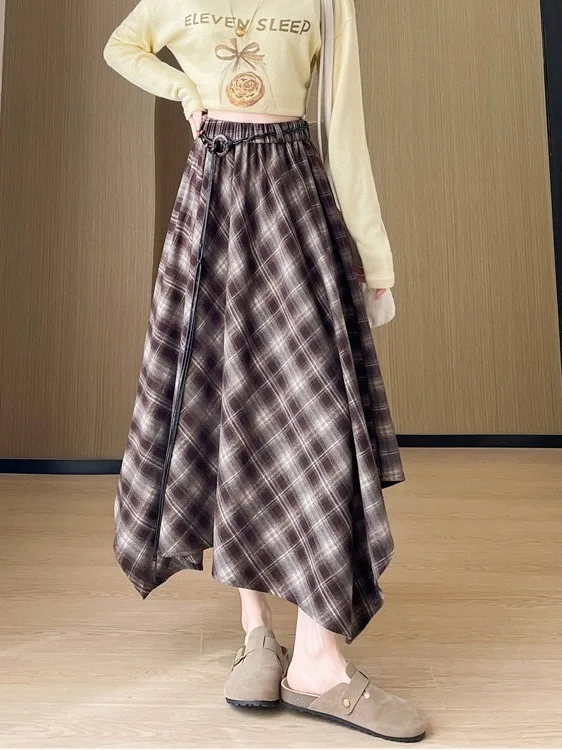 Retro Brued Plaid A-linie Rock frauen Herbst Winter Neue Hohe Taille Lose Lange Rock Mädchen Ci Spaziergang Polyester Faser