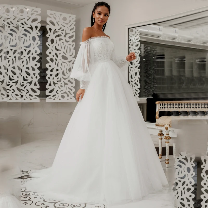 

Boat Neck Appliques Lace Beads See Through Three Quarter Sleeve Lace Up Tulle A-Line Wedding Dress Bridal Gown Vestido De Noiva