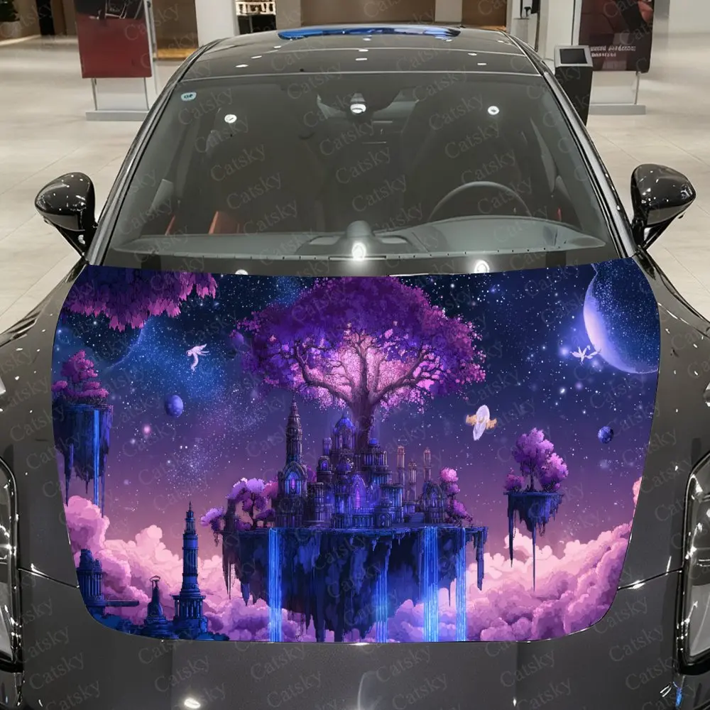 Starry Sky Purple Tree Floating Castle Car Vinyl Wrap, PVC Waterproof Car Hood Sticker, Self-Adhesive Scratch-Resistant Stickers
