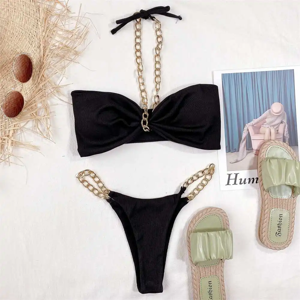 2024 Women's Sexy Two Pieces Halter Bikini Sets Lady Sweet Solid Jewel Swimming Wear Stylish Chain T-back Hot Spicy Beachsuit