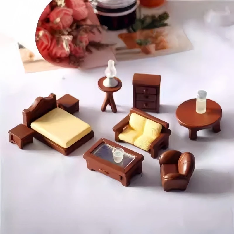 1pc Miniature Dollhouse Furniture Simulation Double Sofa Stool Micro Landscape Scene Decor Mini Ornament DIY Craft Accessories