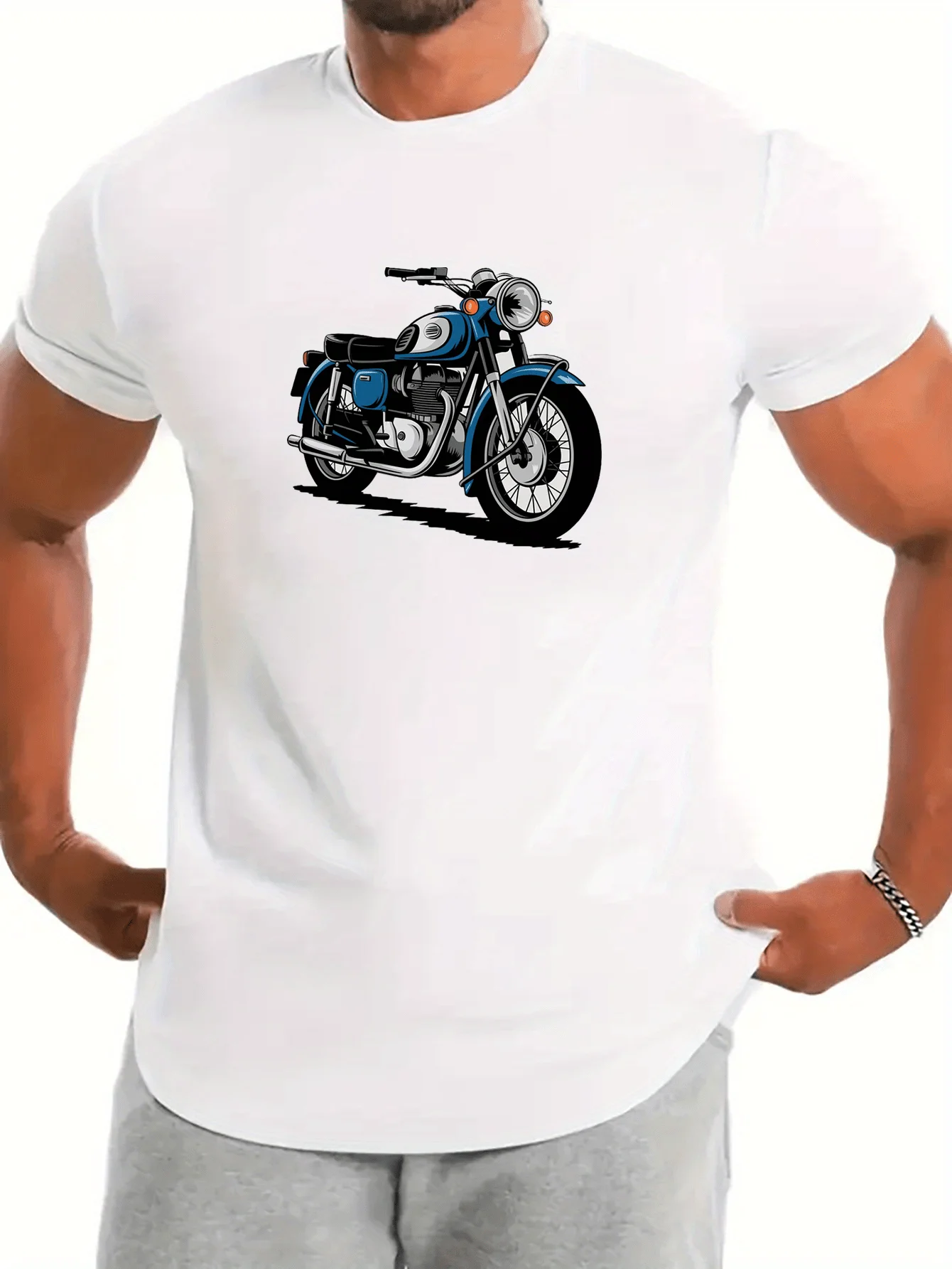 

Мужская классическая футболка с мотоциклетным рисунком — повседневная удобная футболка с коротким рукавом и круглым вырезом с черно-синим принтом белого цвета, Brea