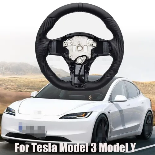 For Tesla Model 3 2017-2023 Model Y 2020-2024 Heated Steering Wheel Perforated Leather Steering Wheel with Heating Function