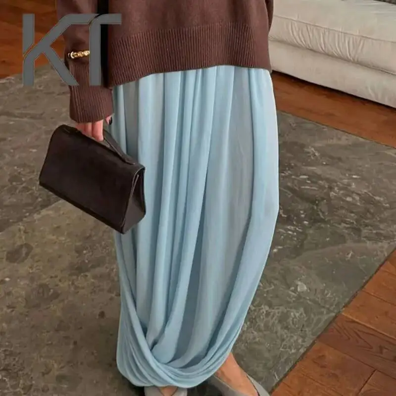 

Женская макси-юбка KT светло-голубого цвета с высокой талией, эластичным поясом и боковым разрезом, идеально подходит для летнего пляжа и повседневных прогулок