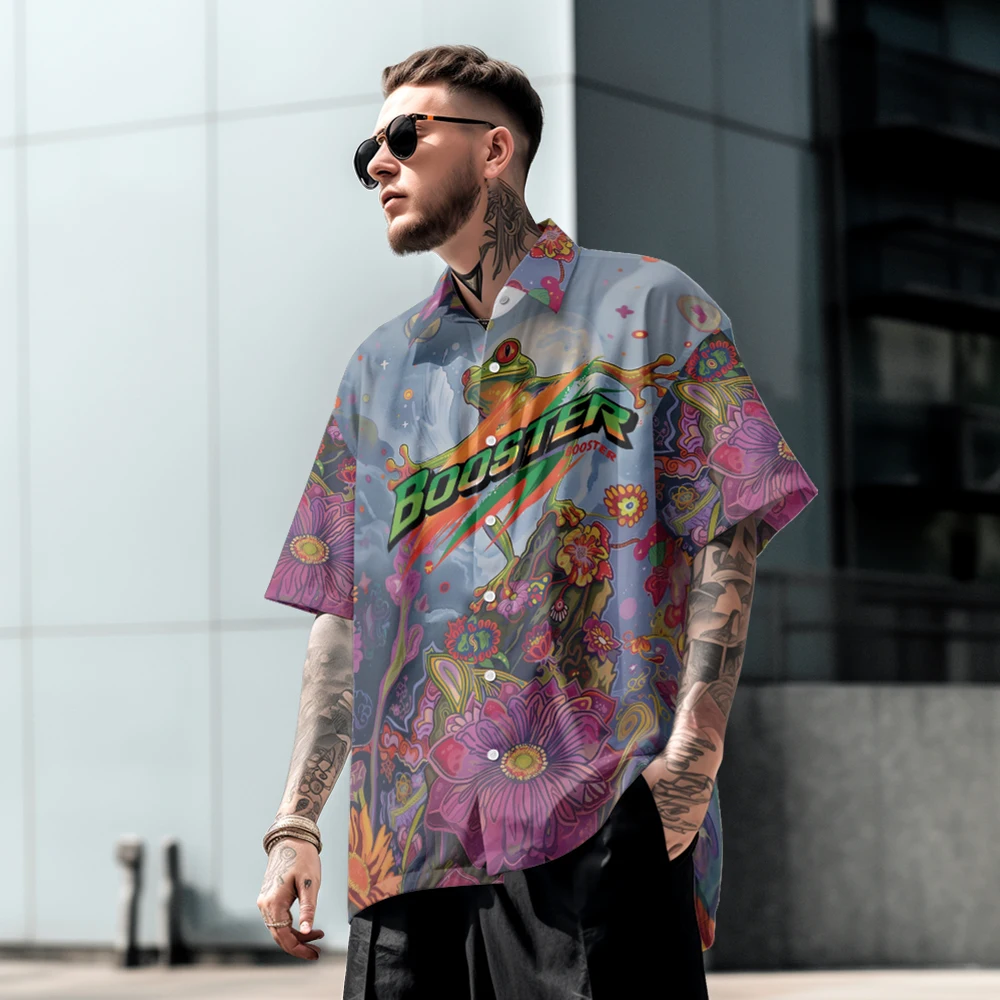 Creative wind sea frog niche casual men's short-sleeved shirt summer loose features lapel T-shirt top