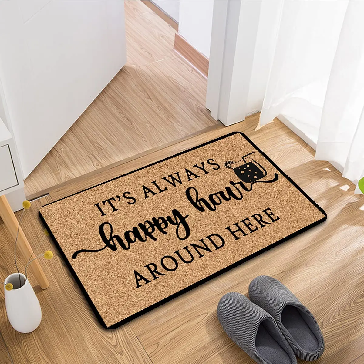 

Anti-Slip Rubber Welcome Mat, Funny Quotes Door Rugs for Entrance Way, It's Always Happy Hour Around Here Doormats