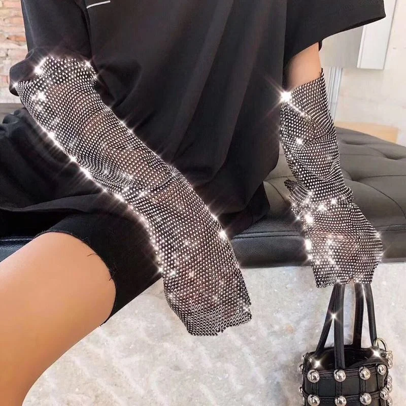 

Sexy Elastic Mesh Nightclub Sleeves with Flash Diamonds Bungee Stage Performance Hollow Fishing Net Punk Hiphop Women's Gloves