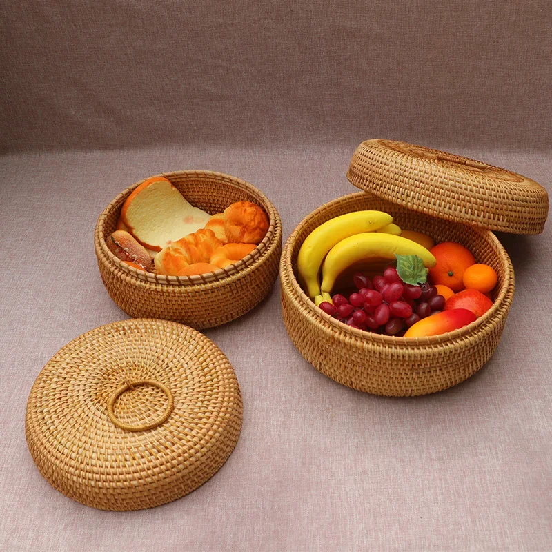 Handwoven Rattan Box with Lid Wicker Food and Tea Container Picnic Bread and Fruit Basket for Kitchen Multipurpose Organizer