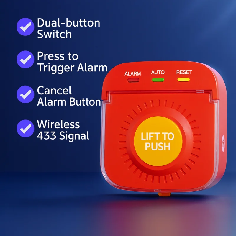 Long-Range 433MHz Emergency Push Button | Double Keys | Alarm & Reset | Waterproof Cover | Ideal for Nursing Home, Factory Hotel