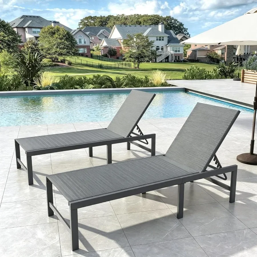 Outdoor Chaise Chairs 2 Pieces Pool Lounge Chair, Adjustable Poolside Sunloungers Lay Flat Sunbathing Chaise with Backrest for