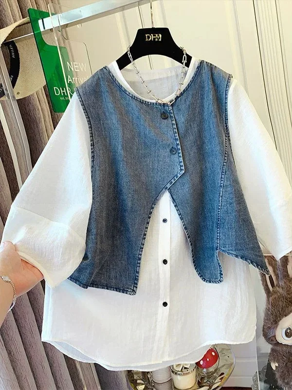 

plus Size 2300 Pounds Denim Patchwork Short Sleeve Shirt Women Summer American Style High-End Anti-Aging Fake Two-Piece Top