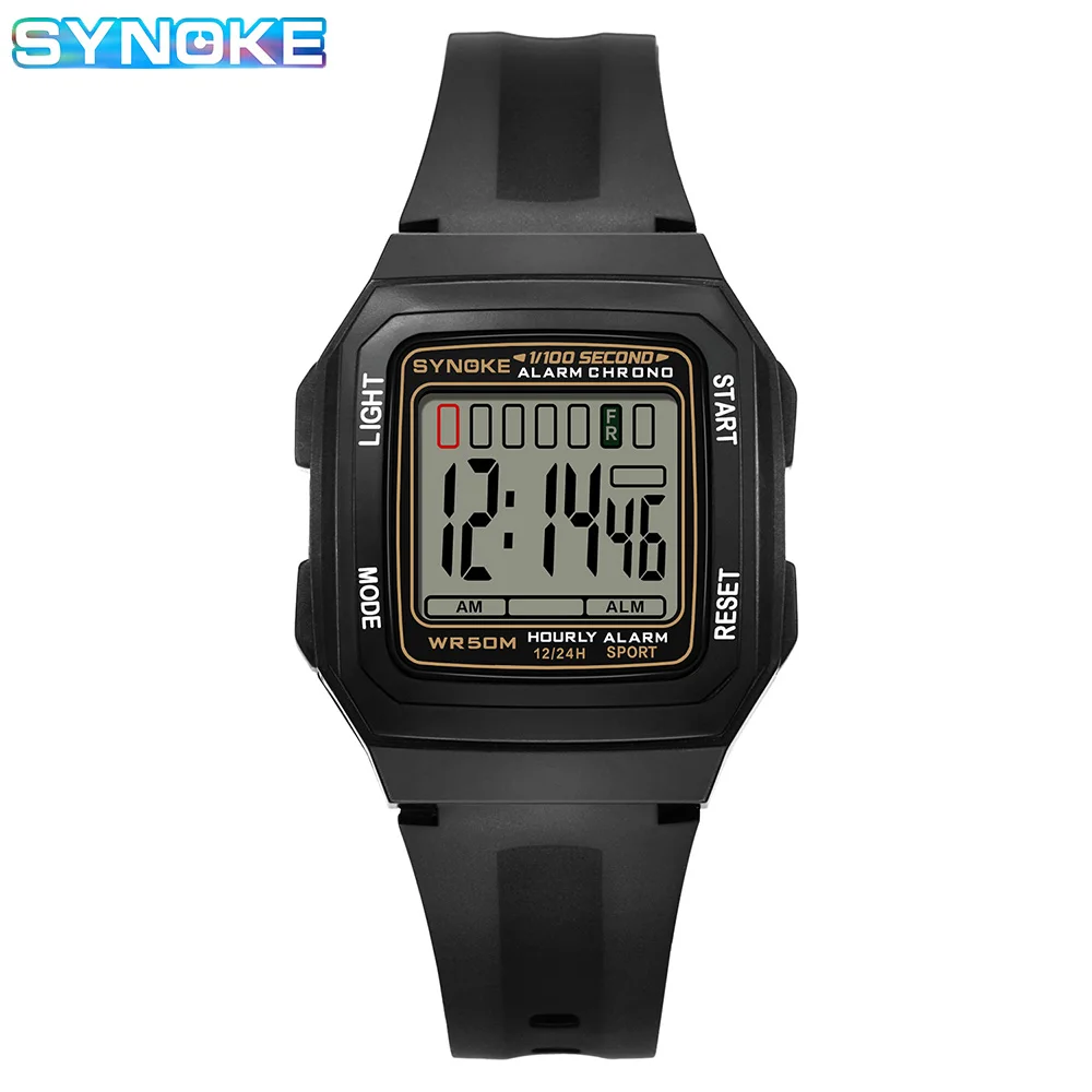 SYNOKE Kids Rectangular Sports Electronic Watch Waterproof Night Light Large Screen Alarm Clock Trend Retro Style Classics