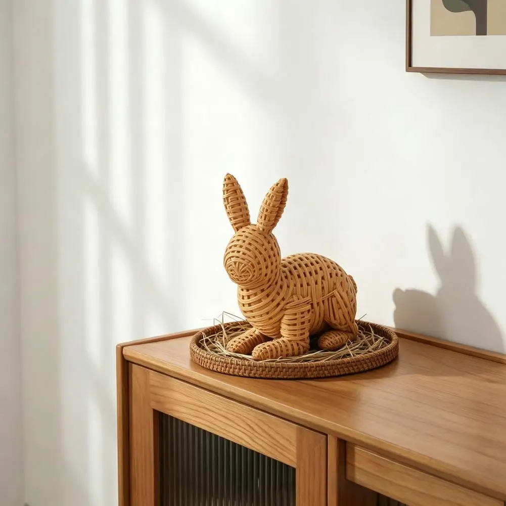 Indoor Rabbit Sculpture 3d Printed Wicker-look Bunny Figurine Rattan Texture Rabbit Statue Weather-resistant Garden for Indoor