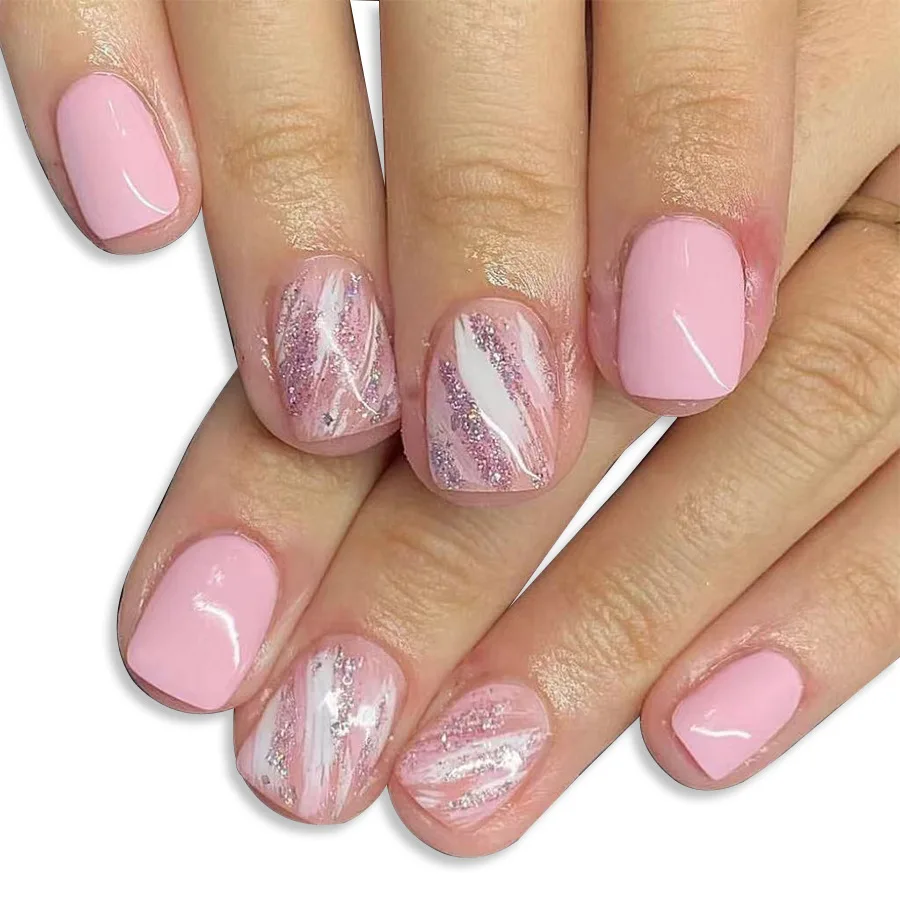 

24Pcs Fashion Short Press on Fake Nails with Irregular Lines Design Pink Glitter Nails Set Wearable Full Cover False Nail Tips