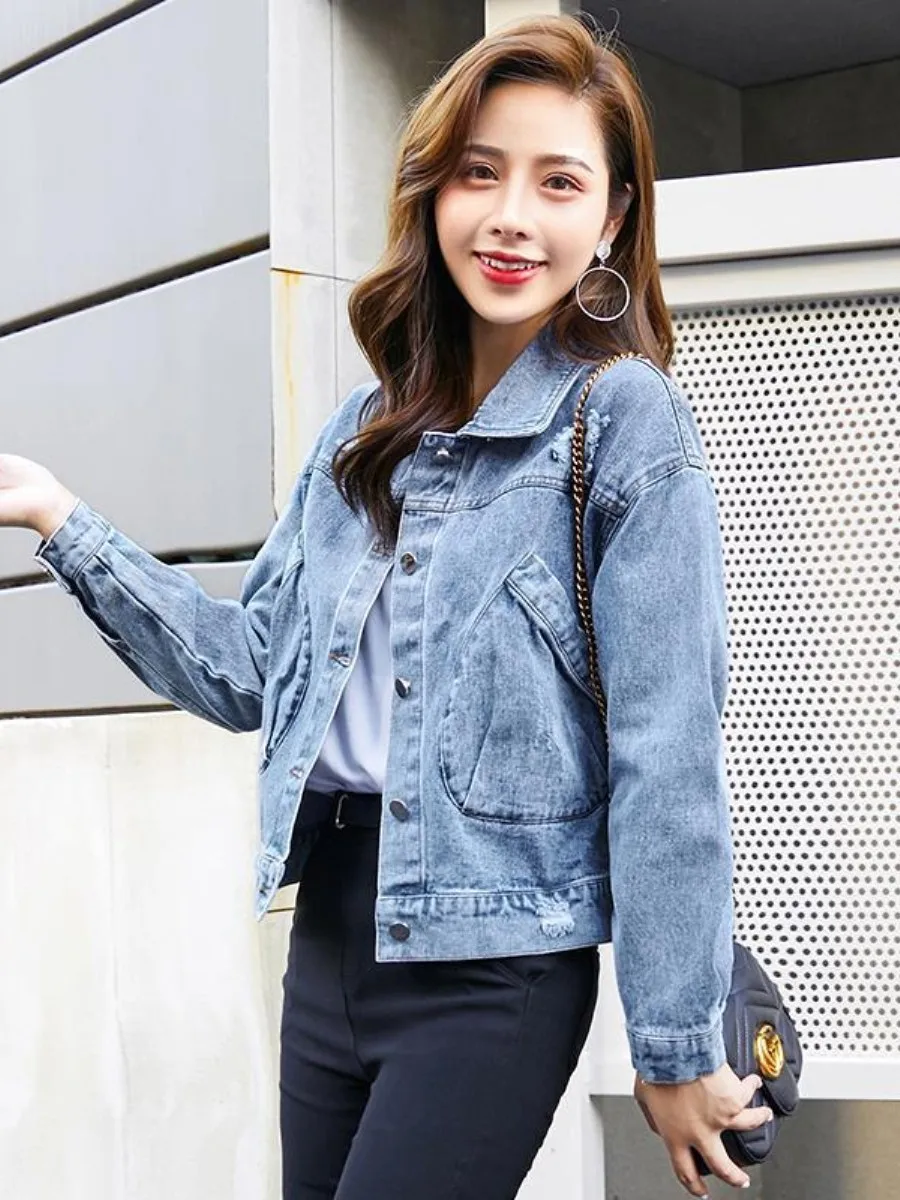 

Women's Denim Jaet Spring Autumn ort Loose Fit Harajuku Sle Versatile Small Size Friendly Casual Outerwear Coat