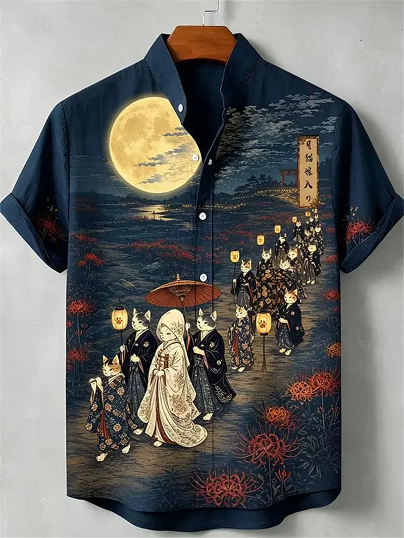 New Men's Chinese Feng Shui Ink Sunset Guitar Landscape Plum Blossom Short sleeved Shirt with Literary Art