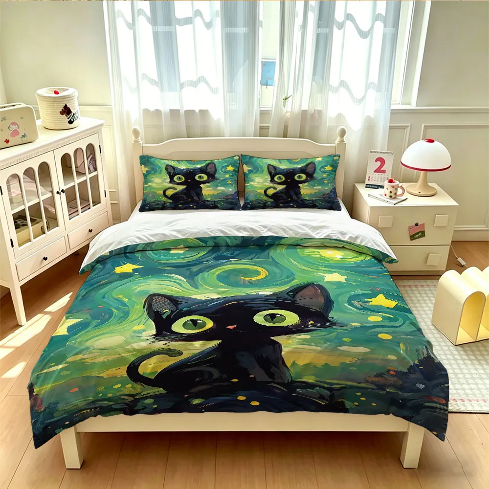 3pcs Starry Sky Black Cat Printed Chipless 1 Bedding Cover 2 Pillowcases Bedding Bedding Bedding Machine Washable Decoration