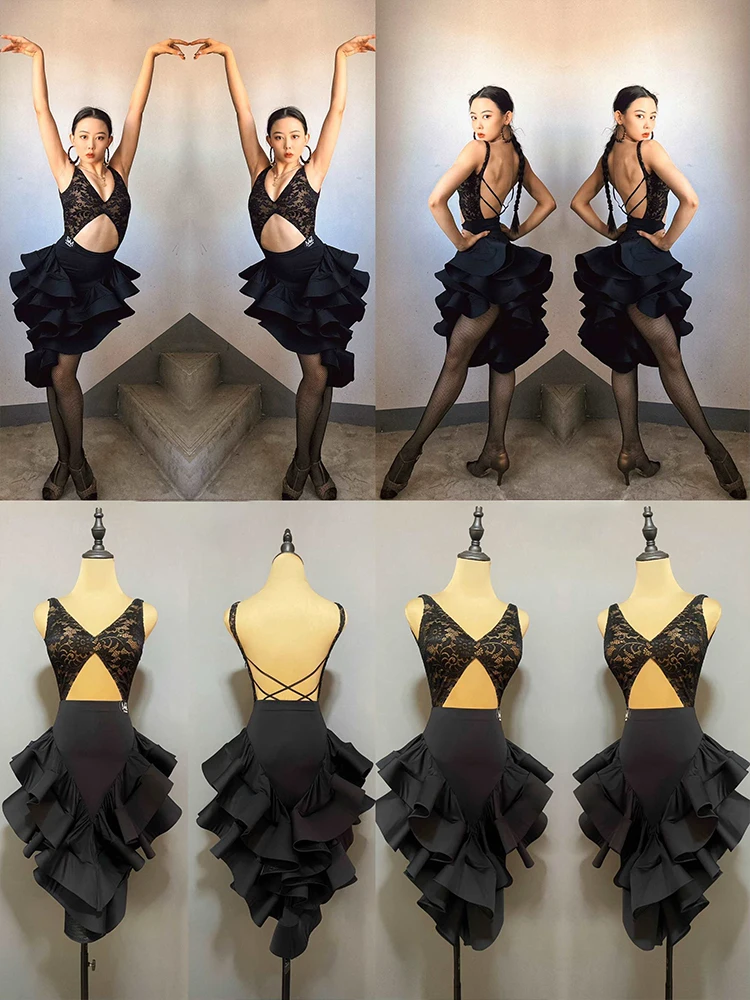 

New Latin Dance Costume Adult Professional Competition Dresses Women Samba Training Wear Black Performance Fishbone Dress XH2895
