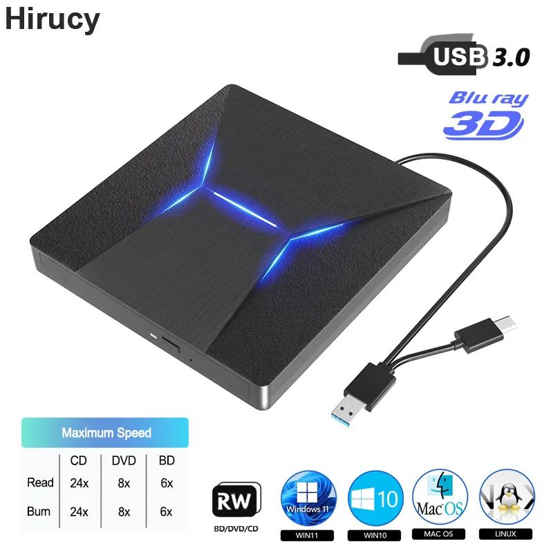 ​External Blu ray Drive USB3.0 Type-C 3D Bluray Player CD DVD Burner Recorder for Laptop PC Computer Windows 10 11 Mac