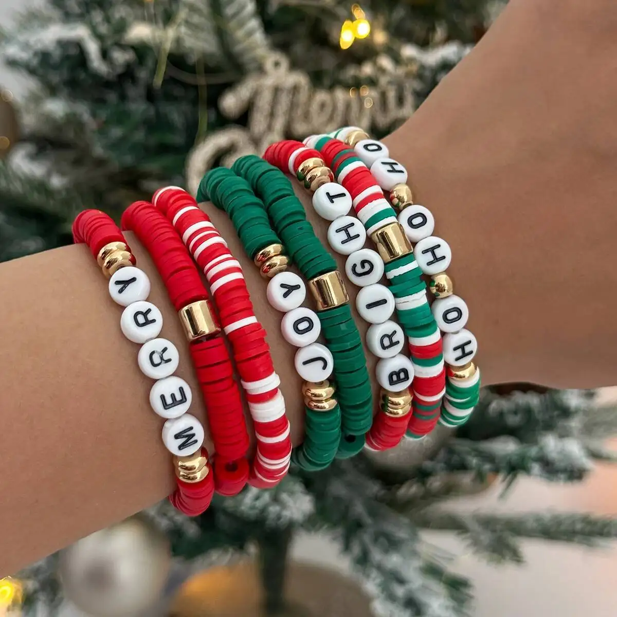 Salircon Nette Weihnachten Weiche Keramik Elastische Perlen Armband Set für Frauen Trendy Einfache Seil Kette Armreif Paar Neue Schmuck Geschenk