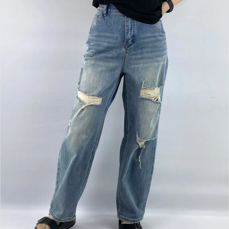 

Новые летние джинсы больших размеров, женская одежда, 100 кг, стильные тонкие джинсовые шаровары премиум-класса с рваными дырками 8358