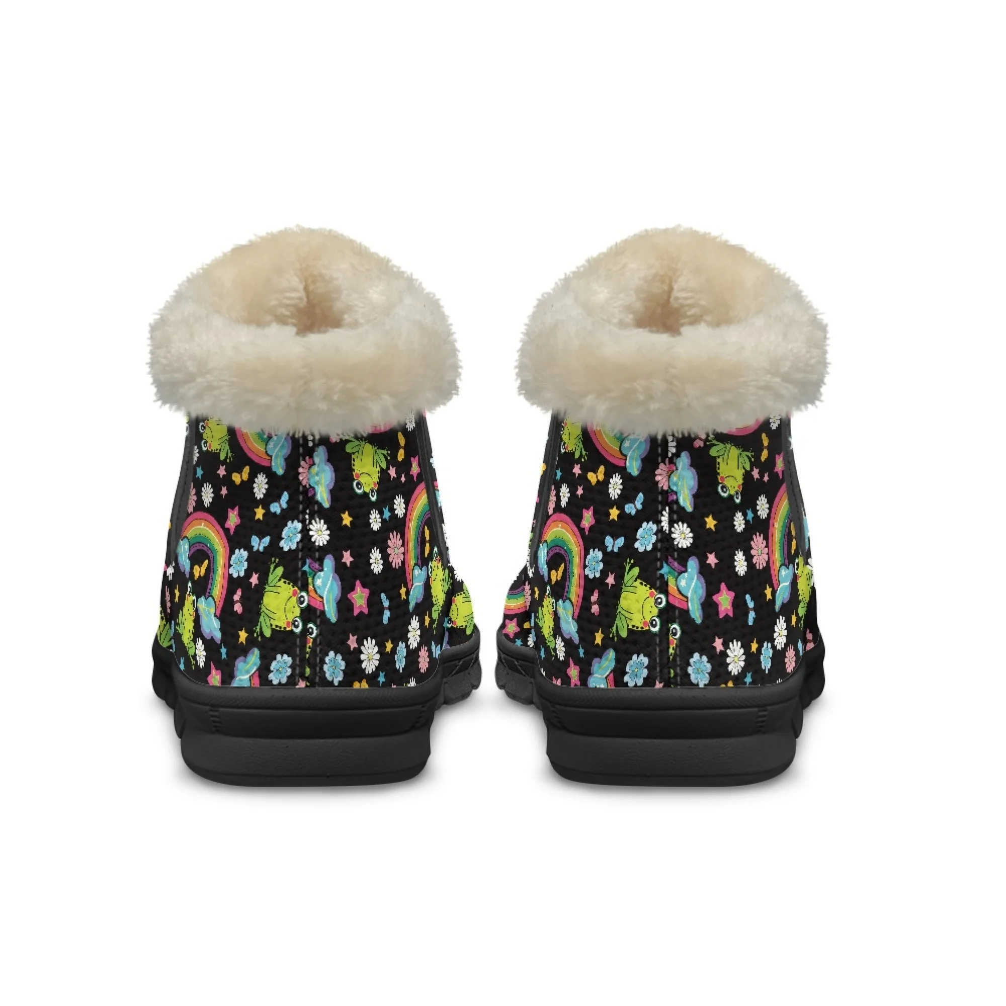 ELVISWORDS Cute Frog Rainbow Print Warm Winter Boots Women Furry Boots Snow Short Boots Short Plush Lining Warm New Shoes