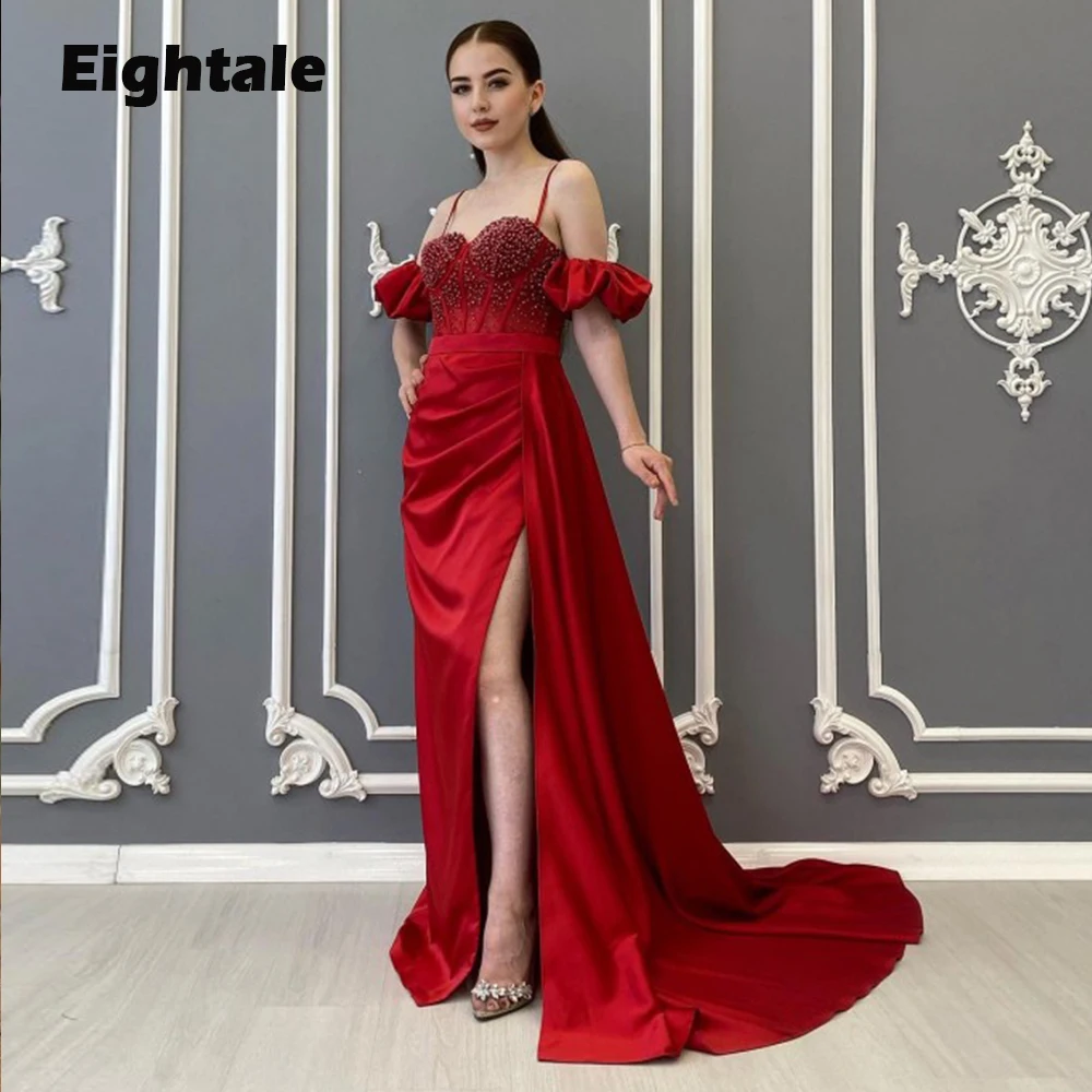 

Eightale Pearls Evening Dresses for Wedding Satin Sweetheart Beaded Spahetti Strap Mermaid Prom Gowns Arabic Party Dress