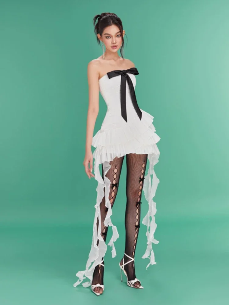 Sexy Strapless Bow Folds Ruffles Draped Mini Dress Women Sleeveless Backless Pleated Slim Dresses Elegant Evening Party Cocktail