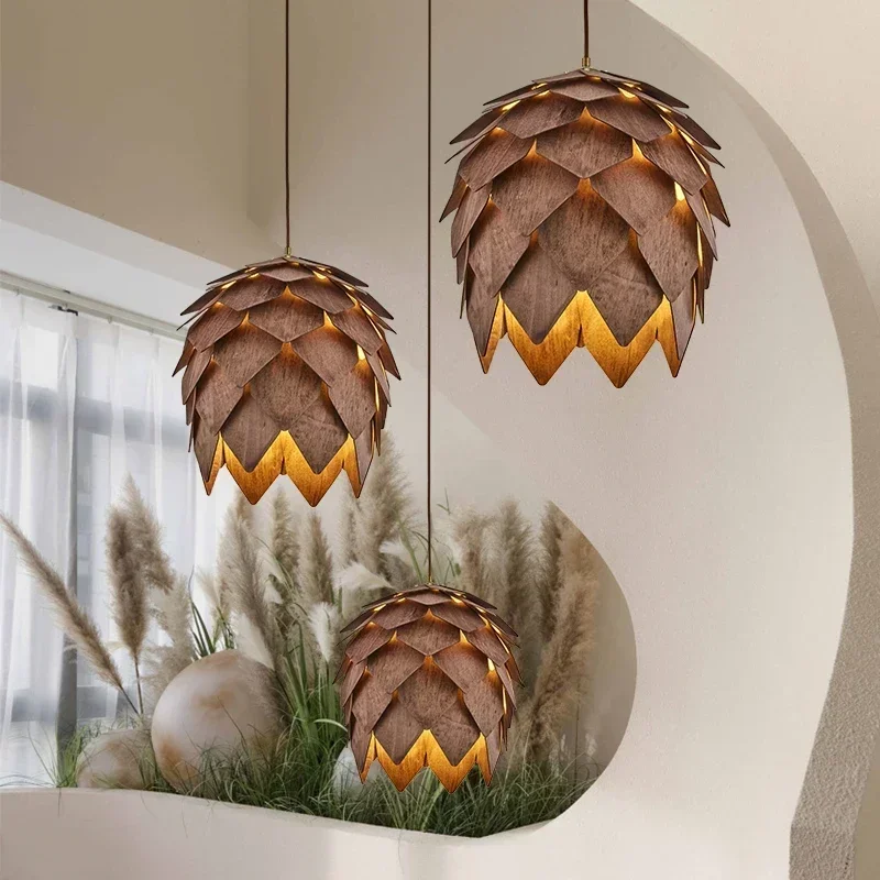 Danish Designer Wooden Pine Cone Chandelier For Restaurant Living Room Dining Room Retro Solid Wood