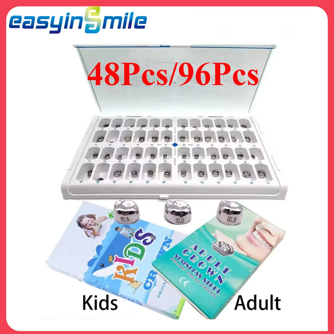 Dental Primary Molar Crown Stainless Steel Temporary Crowns Adult Kids Kit 1st 2nd Preformed Molar Teeth Pediatric 48/96 Pcs