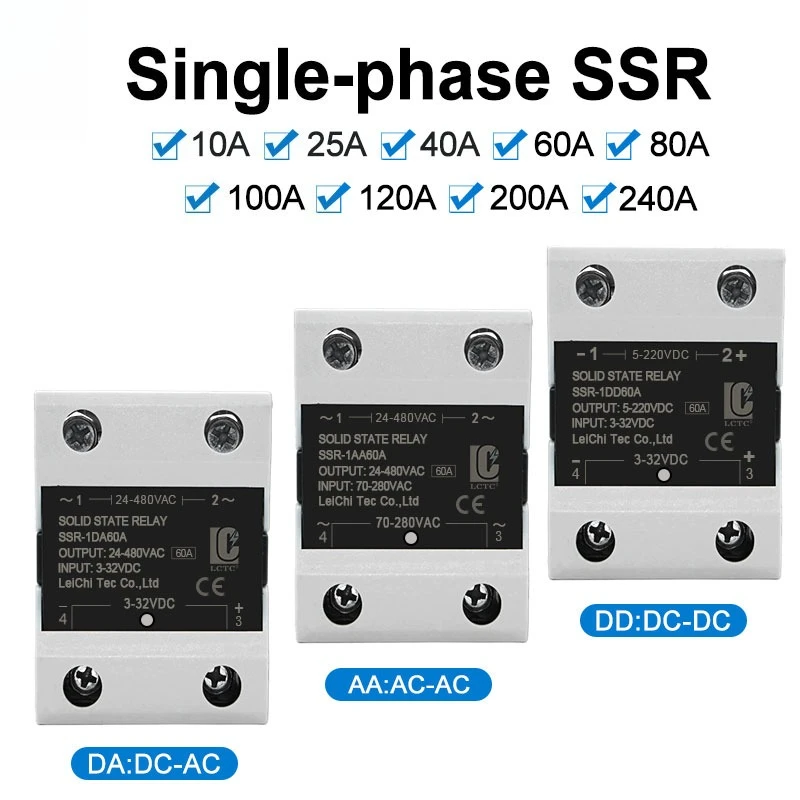 LCTC SSR Random Solid State Relay 10A 25A 40A 60A 80A 100A 120A DC Control AC Single Phase Control 3-6VDC 24-480VAC