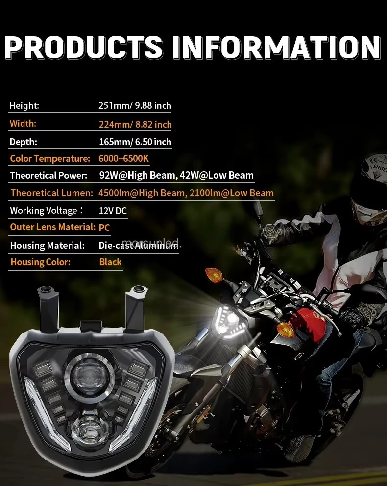E-Mark Approved LED Projector Headlight Assembly, DRL Hi/Lo Beam for MT07 FZ07 2014-2017