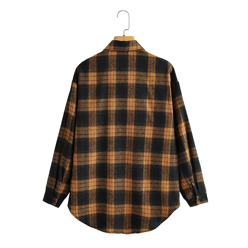 Vintage Casual Plaid Long Sleeved Cotton Shirt Lapel Single Breasted Loose Jacket  Long Cardigan Women