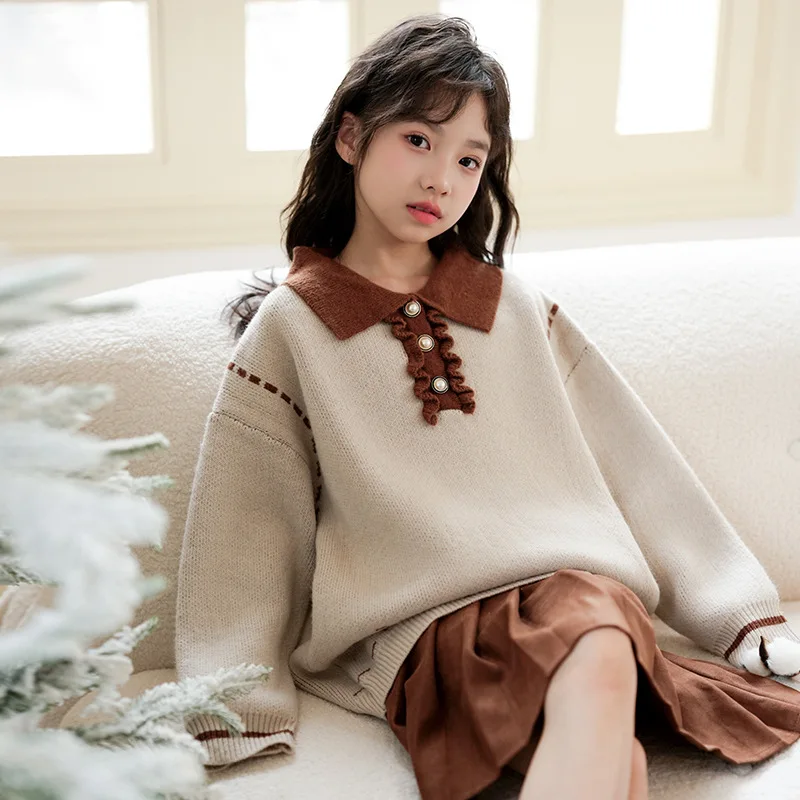 

Autumn Children Girl 2PCS Clothes Set Junior Girl Contrast Lapel Pearl Buckle Sweater Tops+Pleated Skirt Sets For Girl 2 Pieces