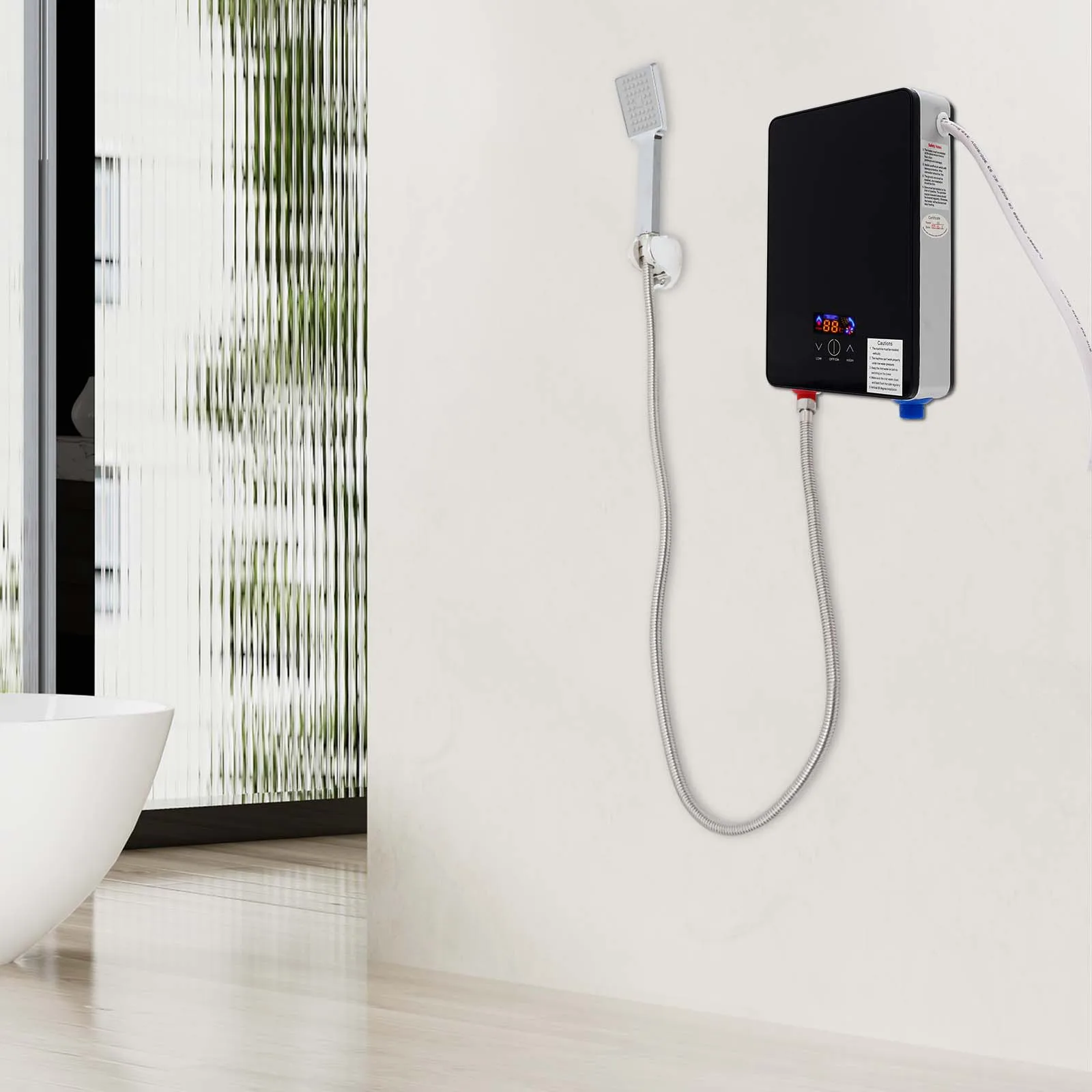 Chauffe-eau électrique instantané mural noir rectangulaire moderne 6500W, sans réservoir, avec douchette à main, affichage LED pour cuisines