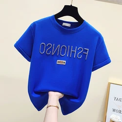 2024 New Spring Summer Women Oversize Pullover Top Loose Short Sleeve Bottom T-shirt Water Drill Letters Cotton Tees O-neck