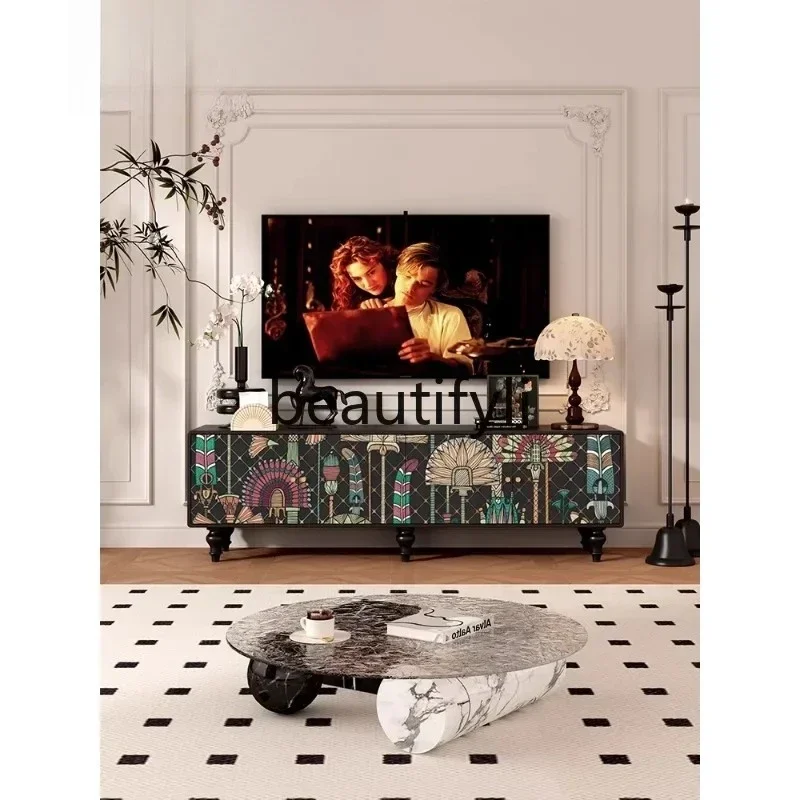 

54French solid wood TV cabinet coffee table combination medieval high-end living room storage locker