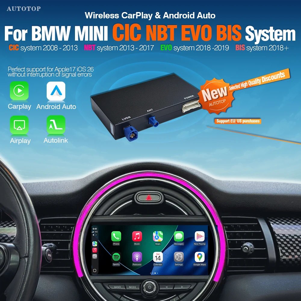 AUTOTOP Mise à niveau sans fil CarPlay Android Auto pour BMW MINI Cooper F55 F56 F54 F57 F60 CIC NBT EVO BIS Mirror Link AirPlay GPS BT