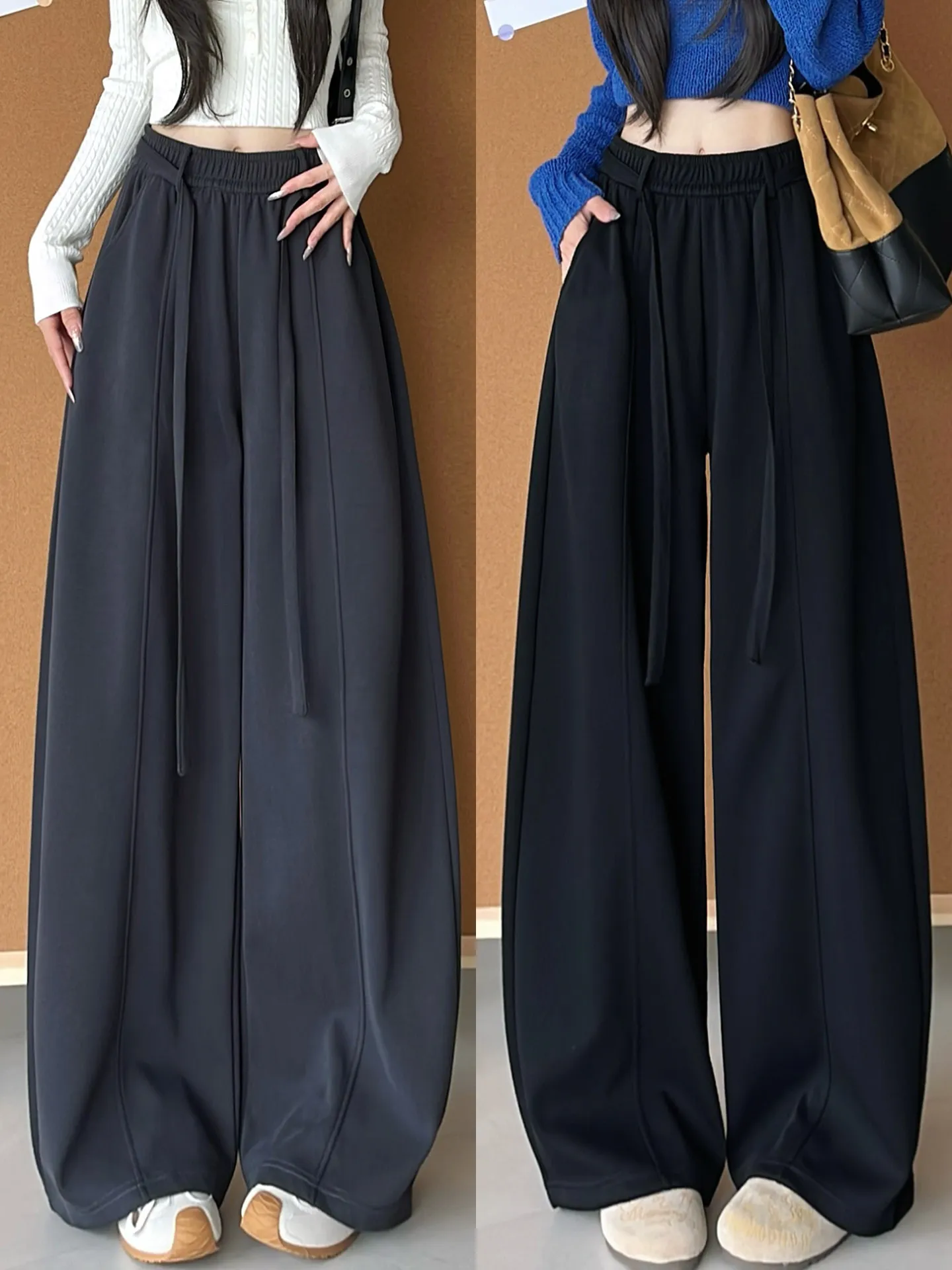 

Deep Grey Sports Wide Leg Pants Women's High Waist Loose Slimming Drapey Banana Trousers Autumn Winter plus Size Casual Fashion