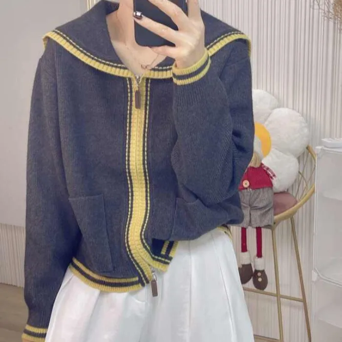 Suéter De punto para Mujer, cárdigans, nuevo suéter De punto con cuello marinero De manga larga, cárdigan, Tops para Mujer, prendas De punto, suéteres De Mujer Q1424