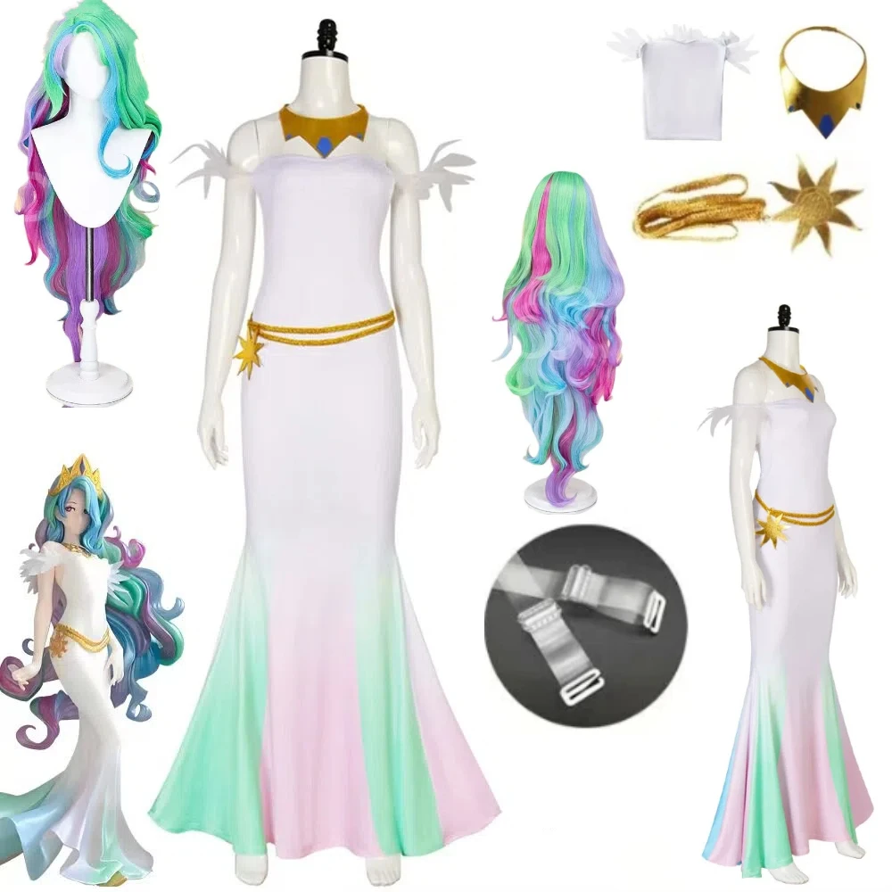 

Anime Noble Princess Celestia Cosplay Set Shiny Gradient Wig Off Shoulder Slim Long Dress Elegant Lady Outfit Halloween Stage