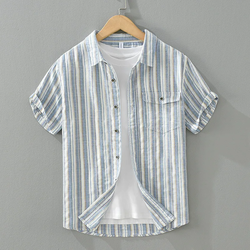 Loose Fit Linen Cotton Blend Short Sleeve Shirt Men's Summer Vintage Style Breathable Thin Material Retro Striped Half Shirt