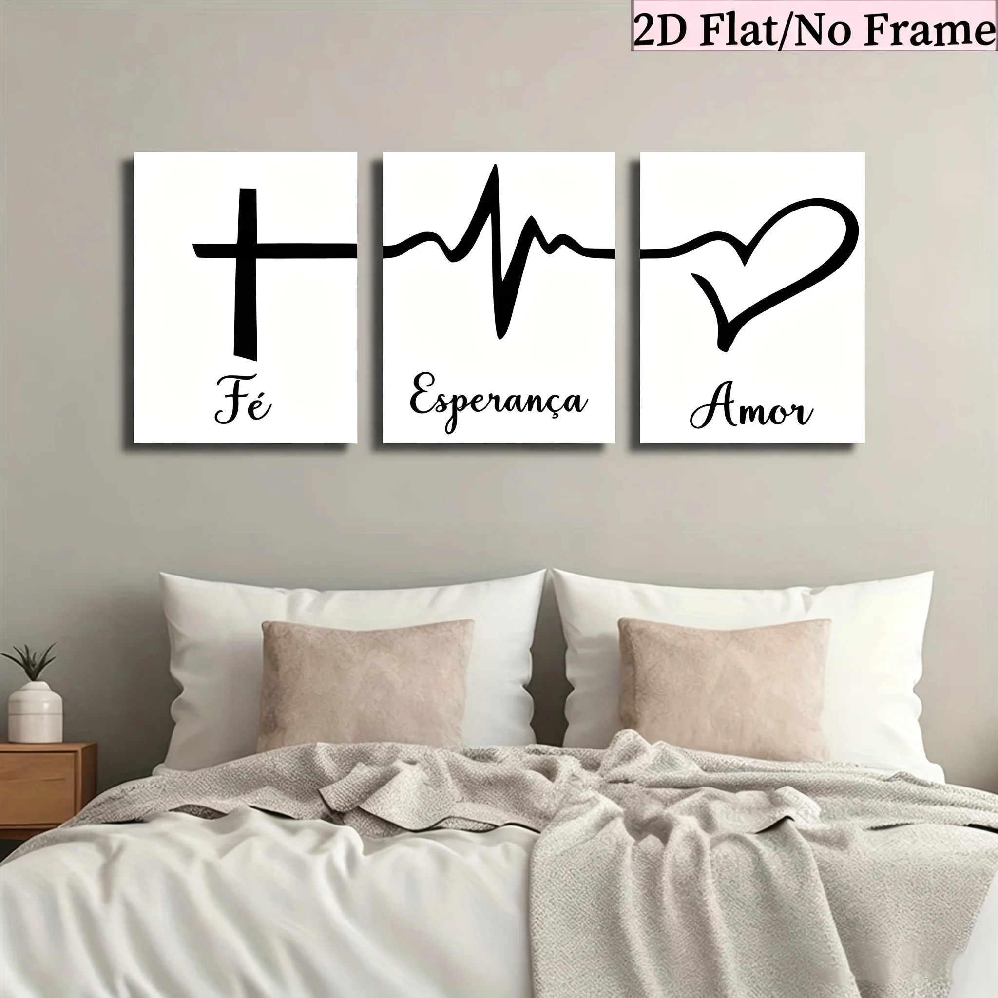 （Noframe 3PCS）-2D Flat, 2D Flat, 3pcs 2D Flat Displaying Minimalist Black And White Heart Art, And Symbols of Faith, Hope, An