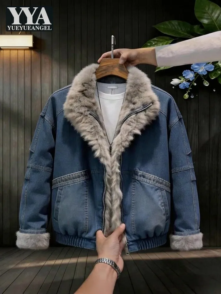 Winter Men Casual Zipper Fur Collar Spliced Thick Warm Outwear Coat Fashion Versatile Male Streetwear Blue Cowboy Cotton Jacket
