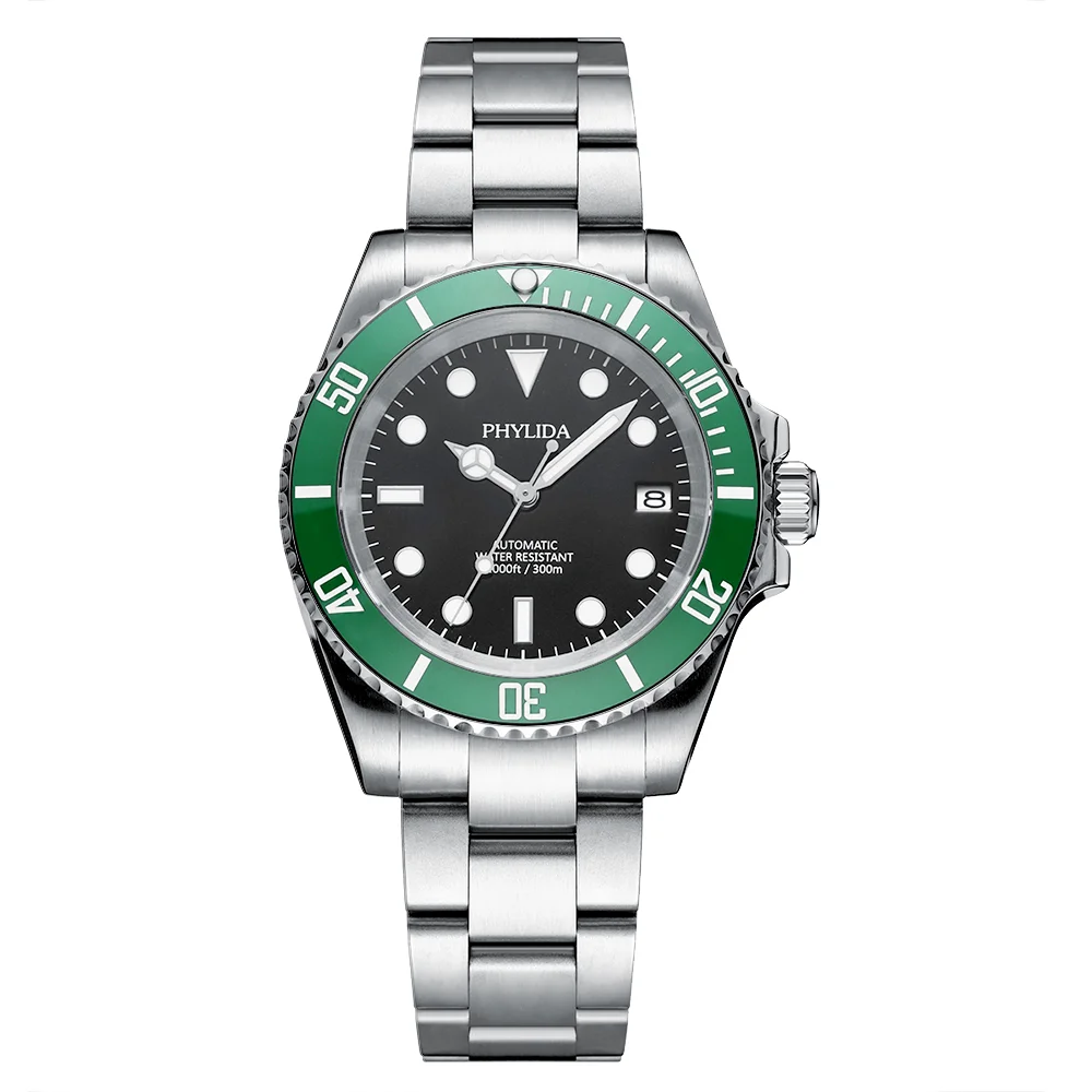 

PHYLIDA 40mm Men's Diver Watch Automatic nh35 Movement Sapphire Crystal Green Bezel