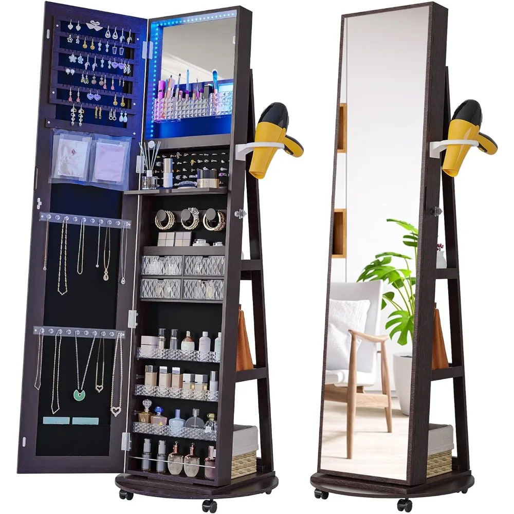 

360° Rotating Jewelry Cabinet Organizer with Lights, Full Length Mirror with Jewelry Storage, Lockable Standing Jewelry